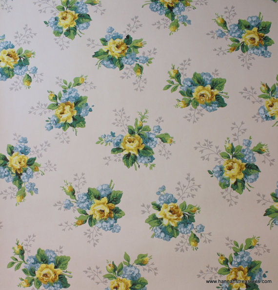 S Vintage Wallpaper Yellow Rose And Blue By Hannahstreasures
