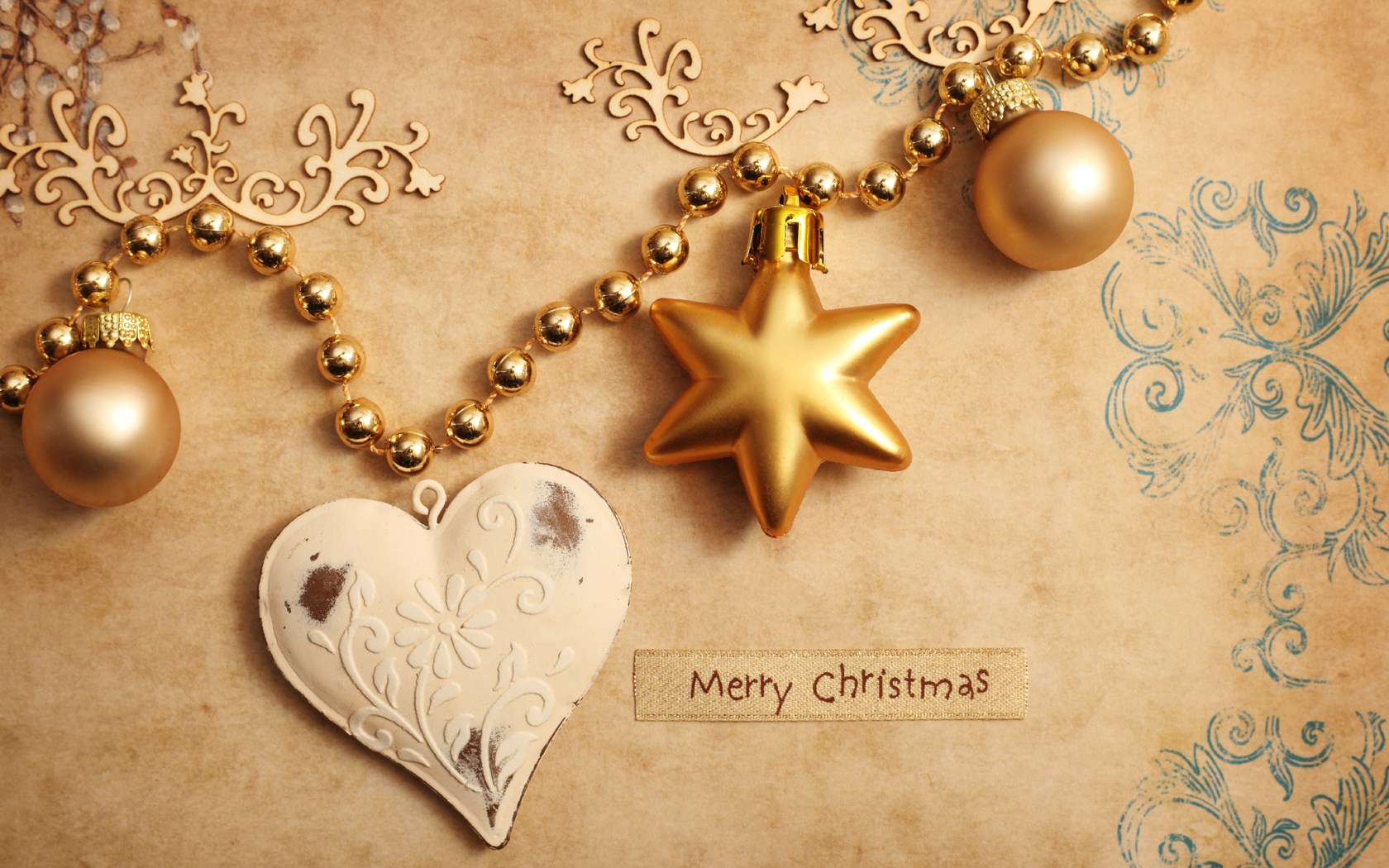 Merry Christmas Heart Golden Star Globe Hd Wallpaper   1680x1050