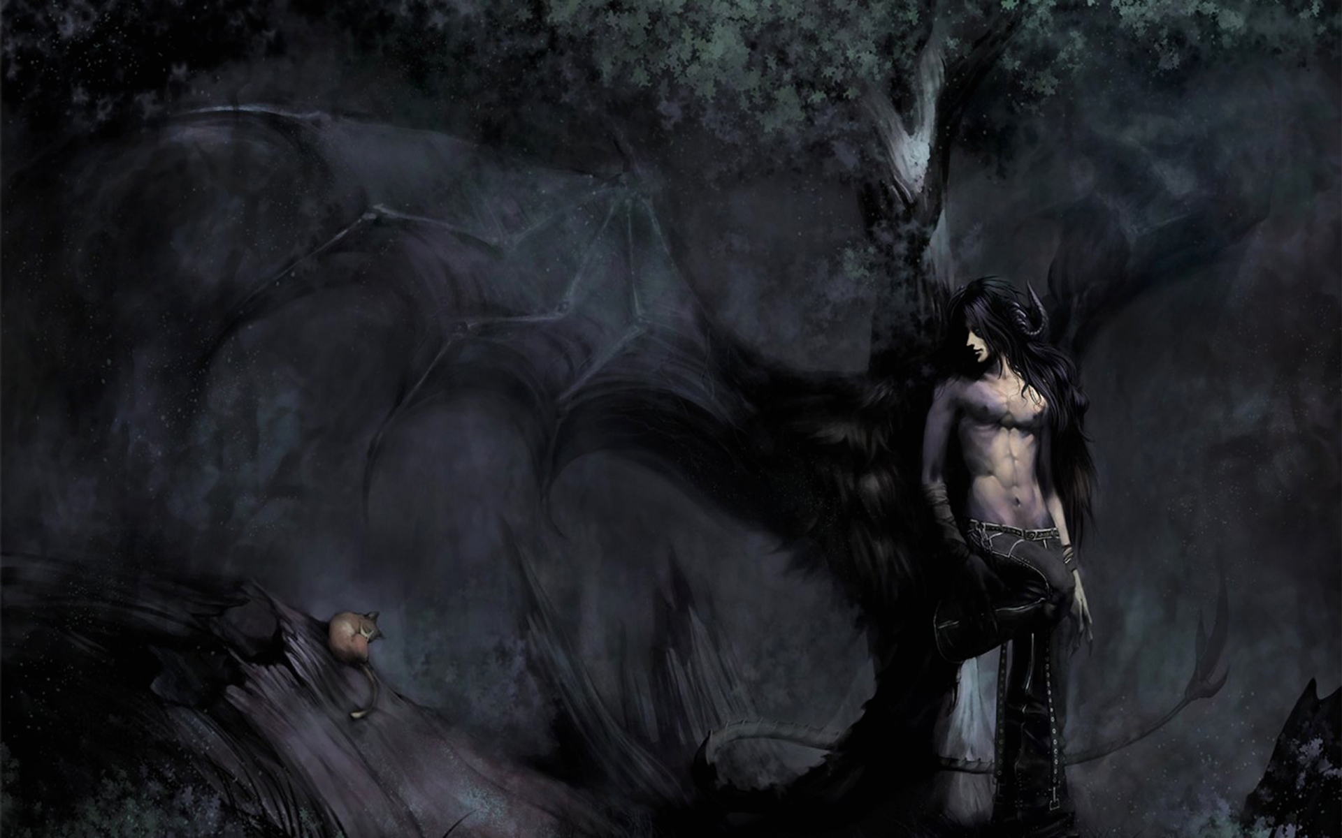 Dark Fantasy Fallen Angel Demon Creature Monster Trees Forest Nature