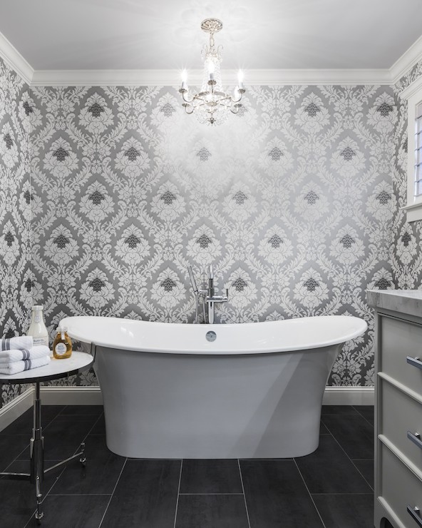 Silver And Gray Damask Wallpaper Contemporary Bathroom Martha O
