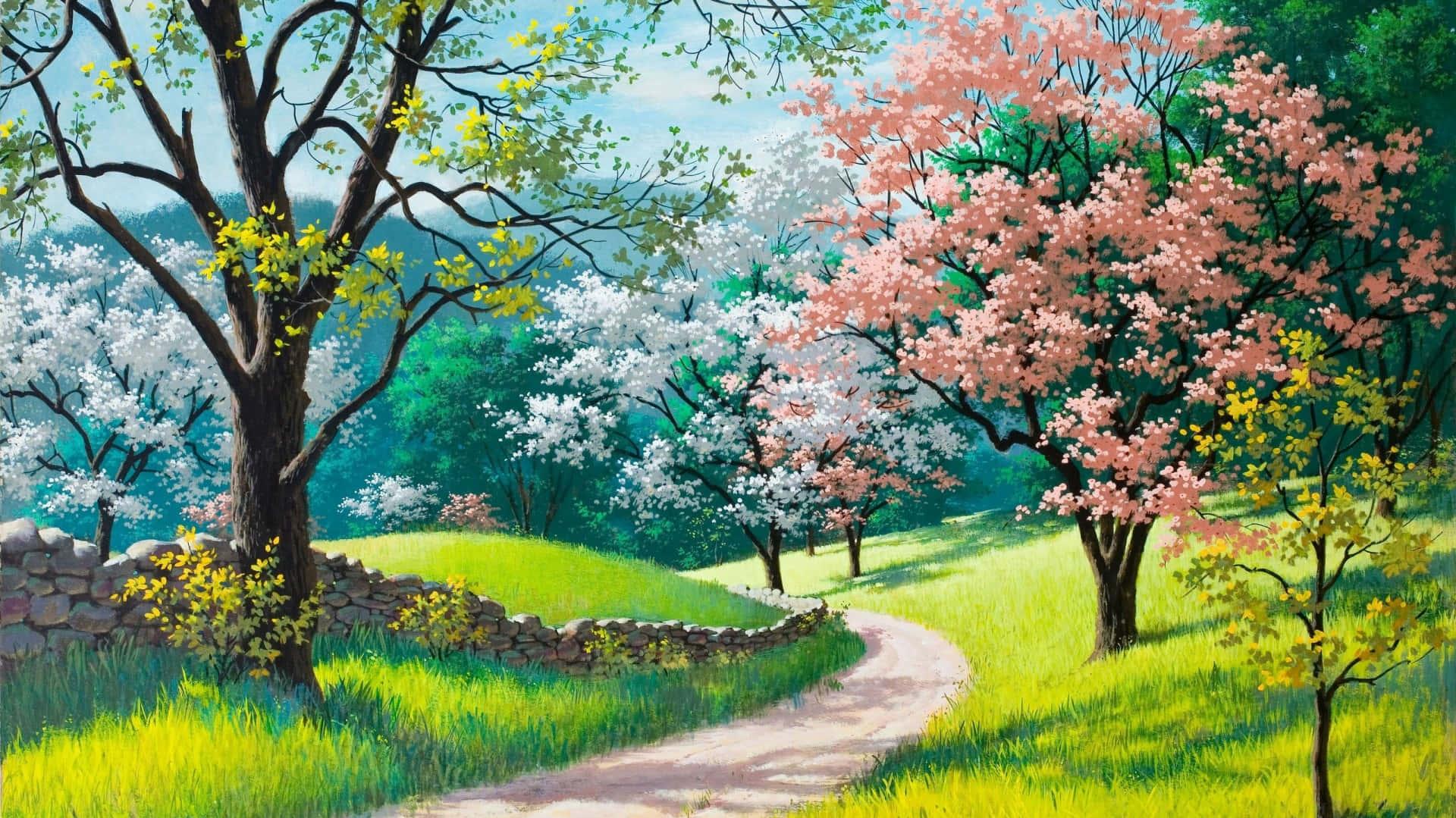 A Painting Of Road With Trees And Flowers Wallpaper