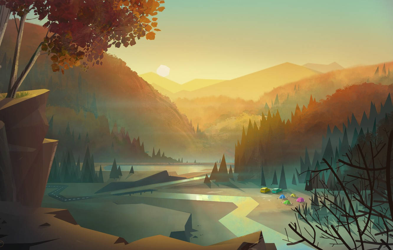 Vector Art Sunset And River Wallpaper