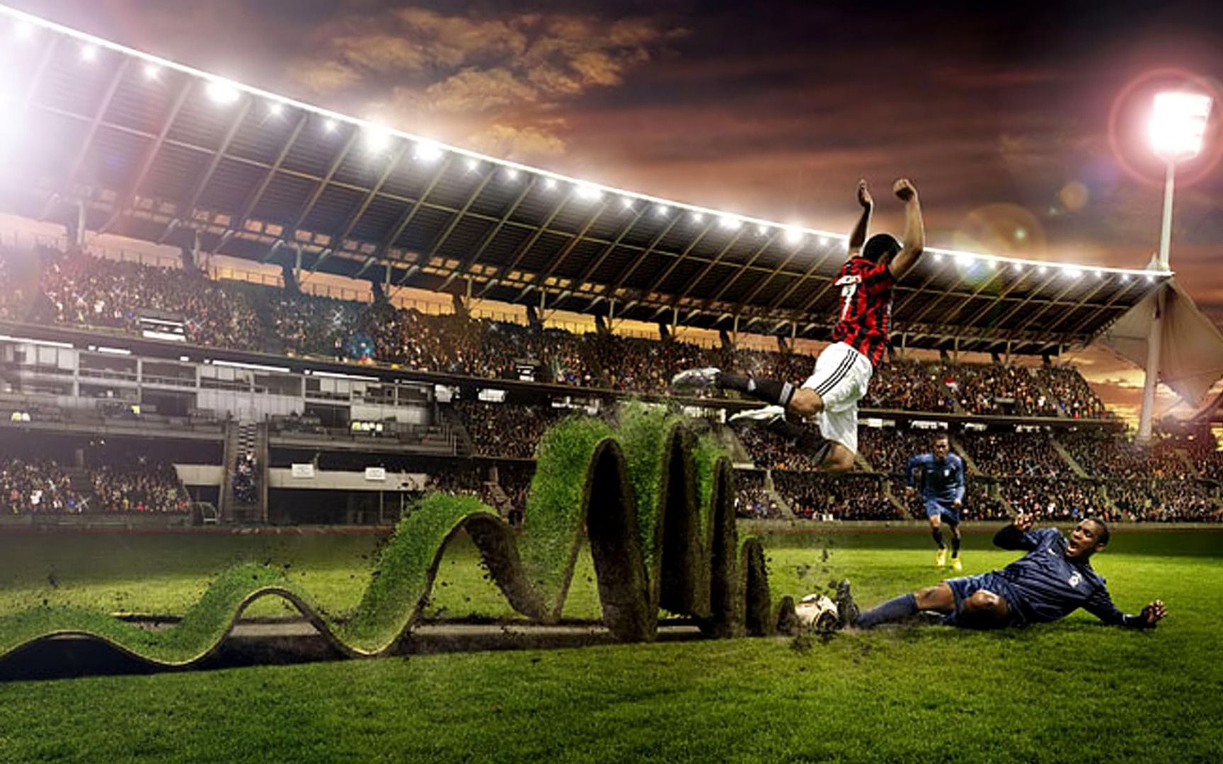 A dramatic soccer player leaps in the air, about to kick the ball, while his opponent slides on the grass below. The dynamic scene takes place in a vibrant, packed stadium