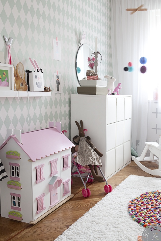 Kids Room With Ferm Living S Harlequin Dusty Green Wallpaper And Le