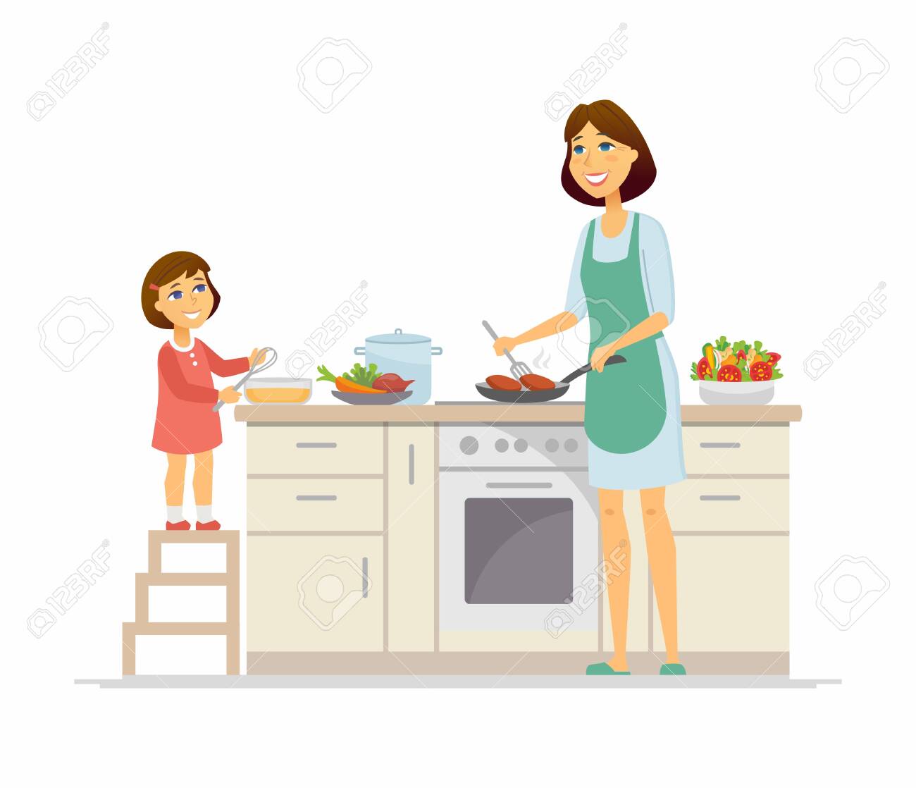 Mother And Daughter Cooking   Cartoon People Characters 1300x1118