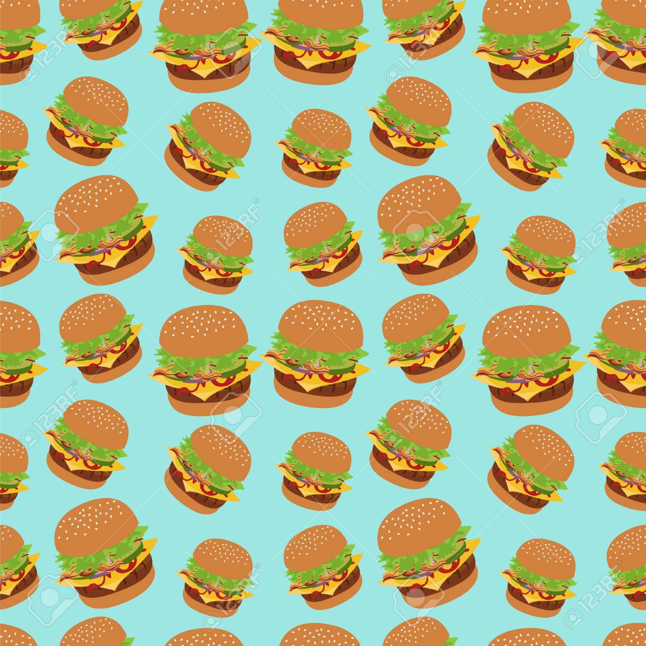 Seamless Vector Pattern With Burger Image Cheeseburger Blue