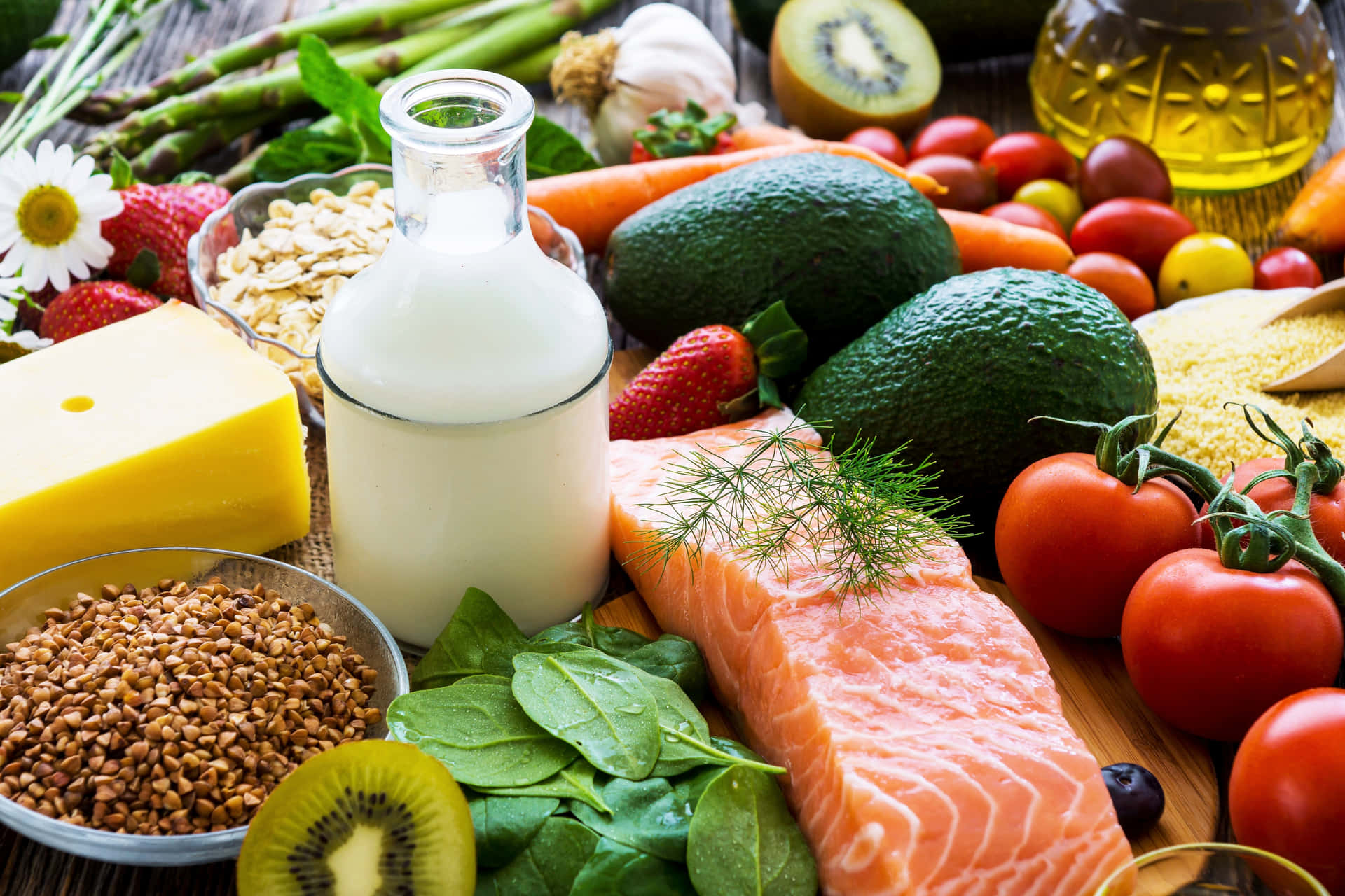 A Table With Various Foods And Drinks Wallpaper