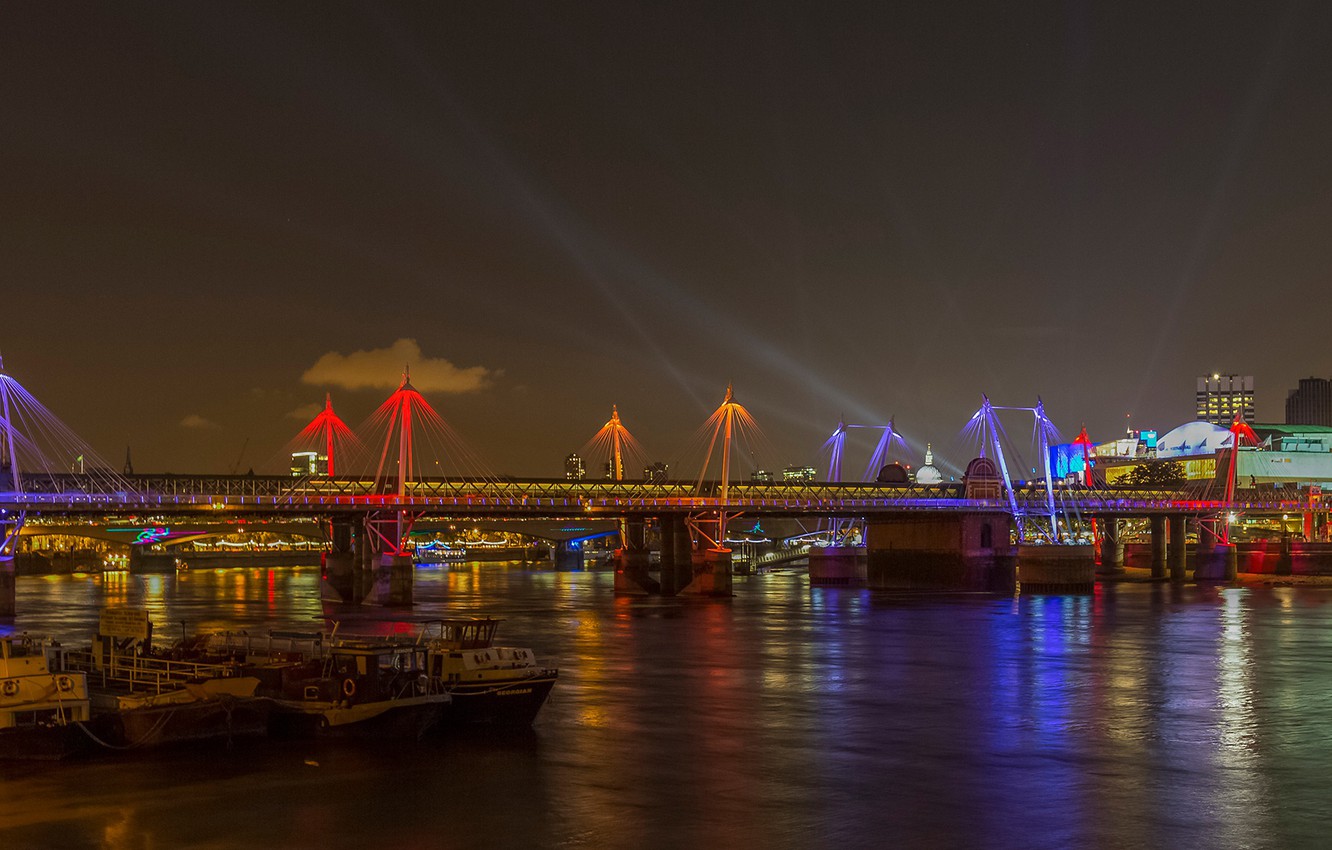 Wallpaper Night Bridge Lights River London Uk Boats Golden