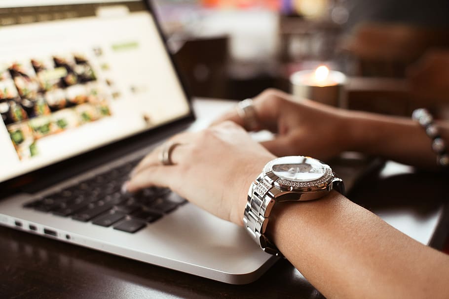 HD Wallpaper Girl With Watches Typing On Macbook Cafe Desk