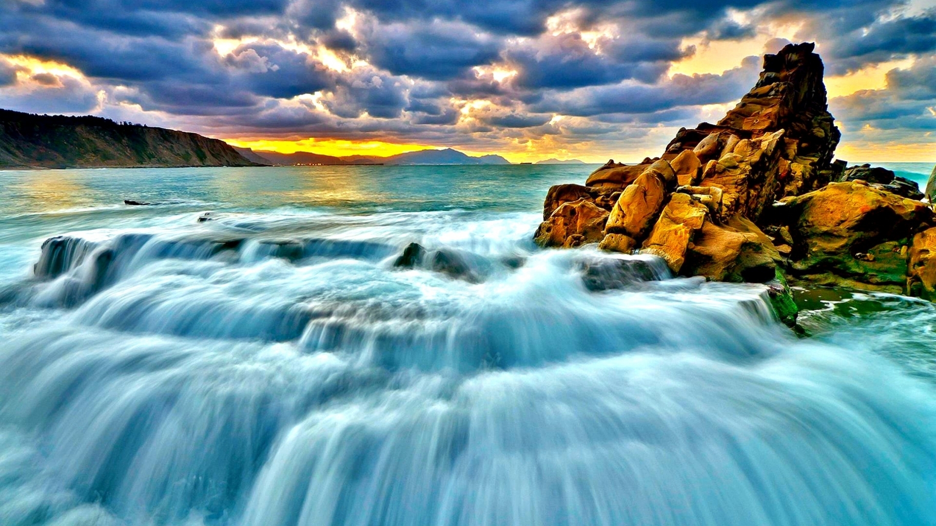 Wallpaper Sea Surf Sunset Waterfall Full HD 1080p