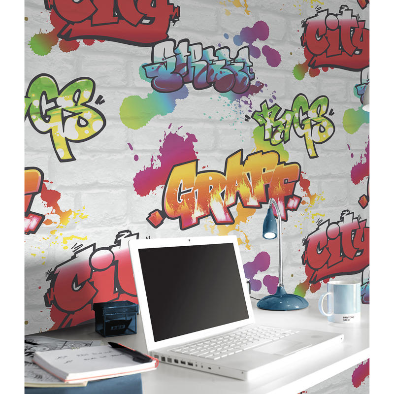 Home Diy Wallpaper Illustration Rasch Graffiti Brick White