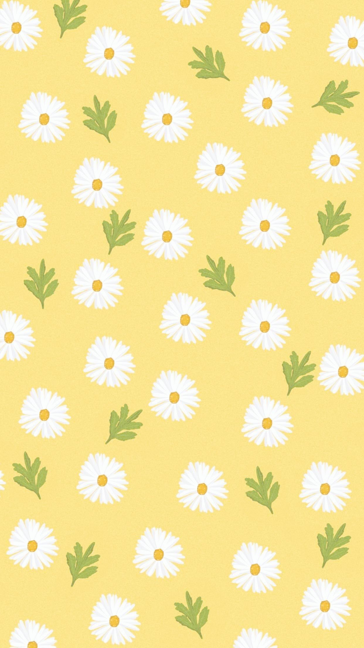 A cheerful yellow wallpaper with a repeating pattern of white daisies and green leaves