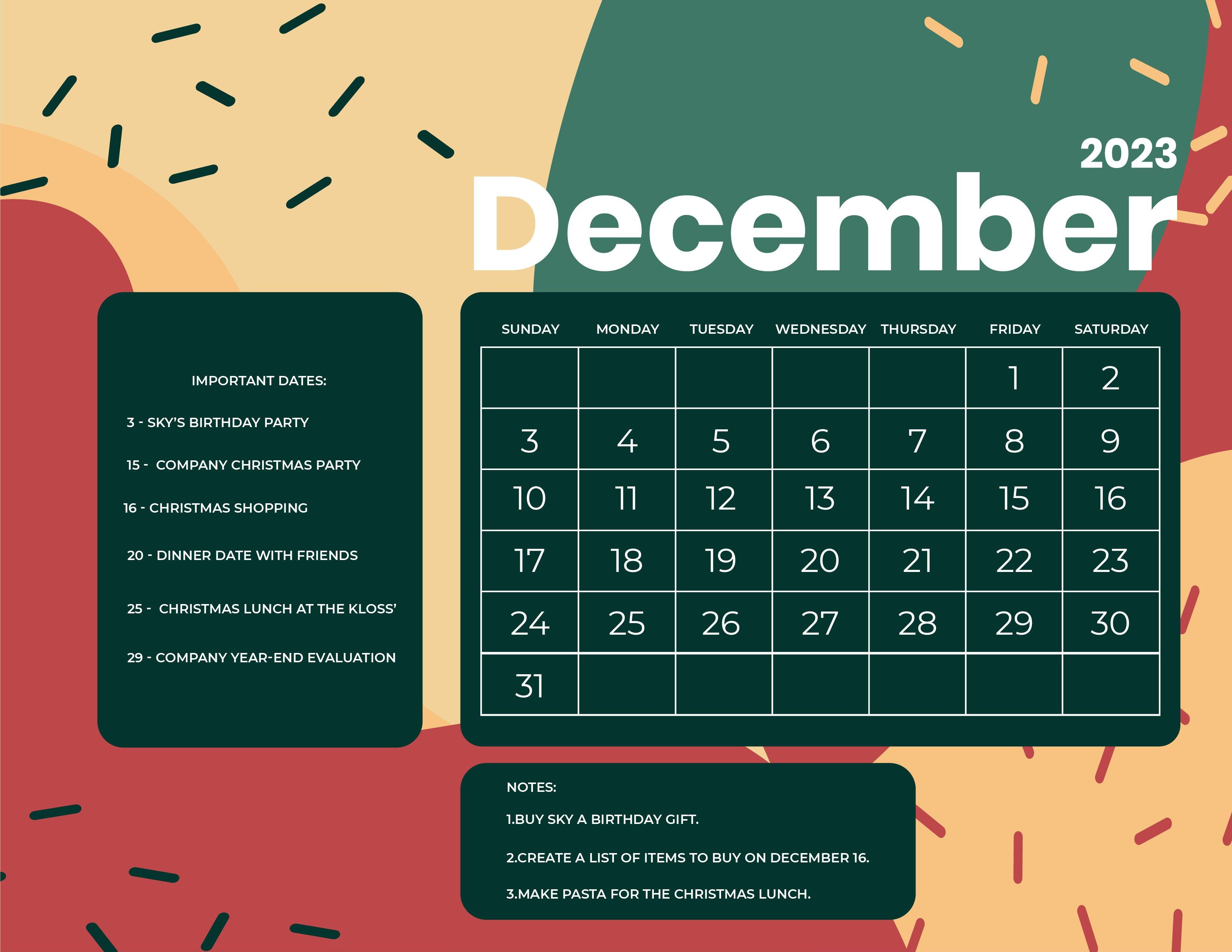 Free Printable December Calendar Download in Word Google