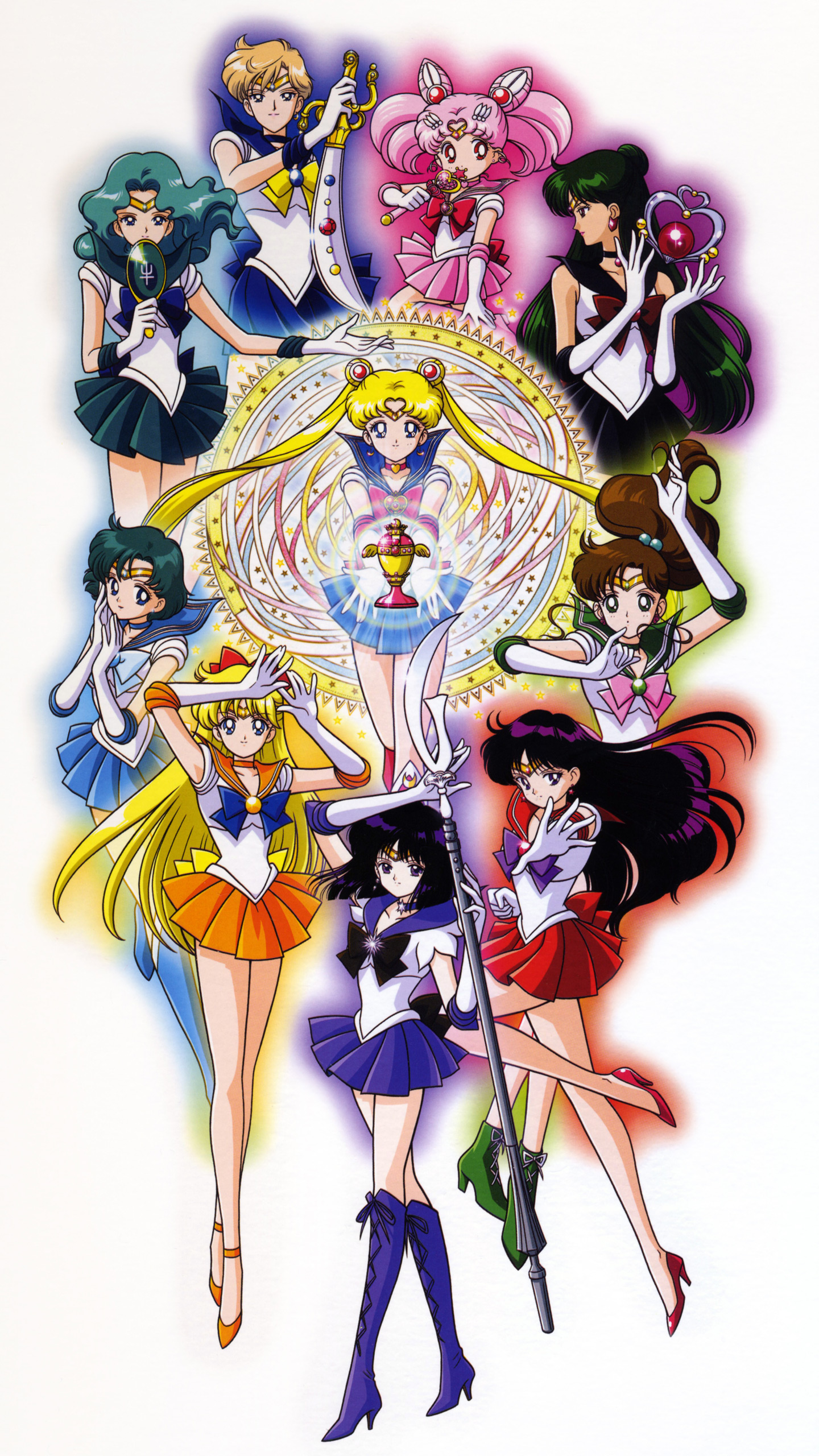 Group image of Sailor Moon and the Sailor Guardians, showcasing their vibrant costumes and magical items