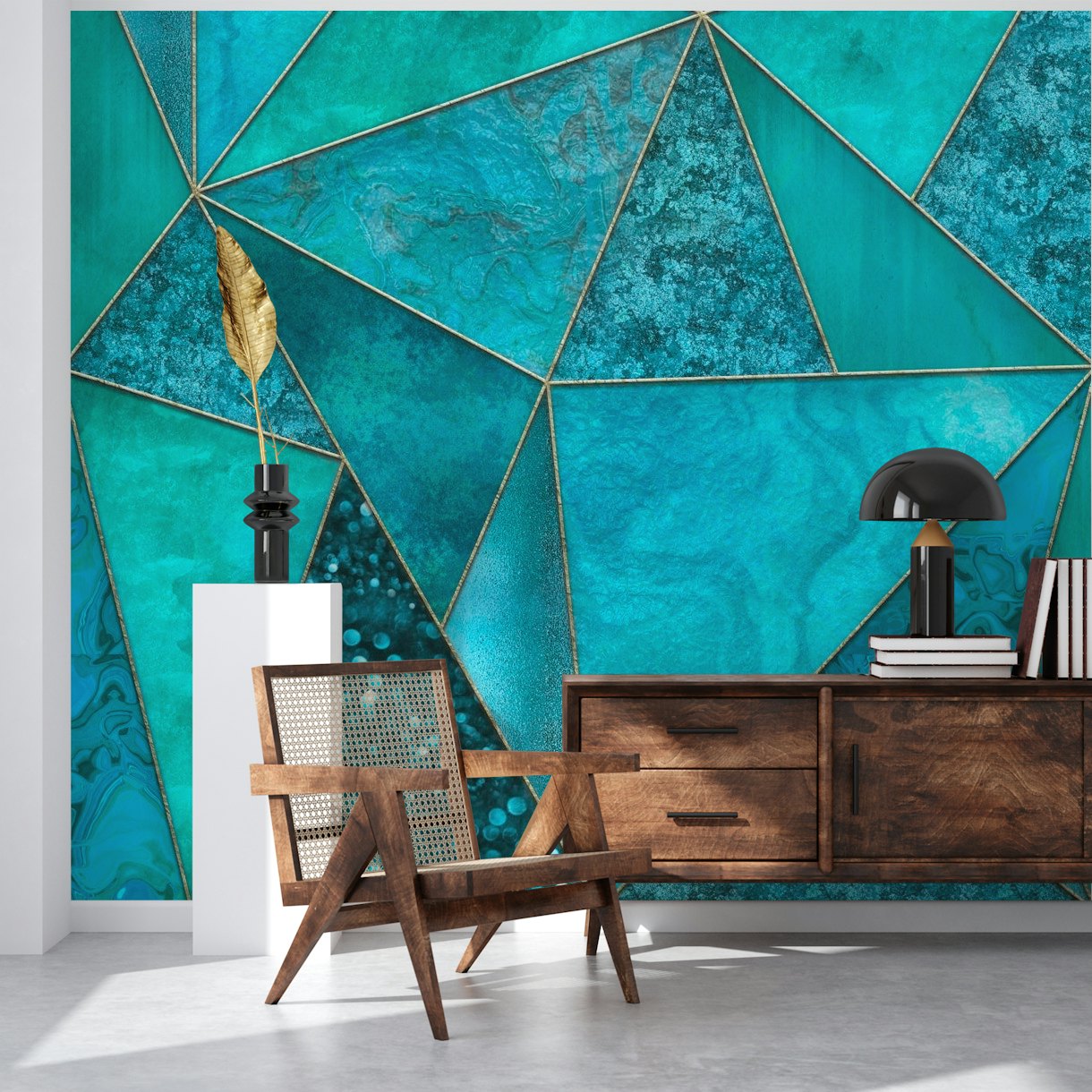 Shop Luxury Teal Marble Triangles Wallpaper