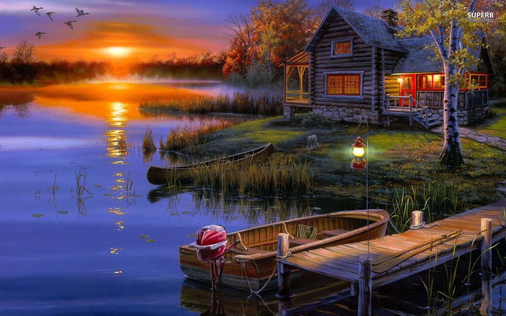 Autumn Sunset At The Lakeside House Wallpaper