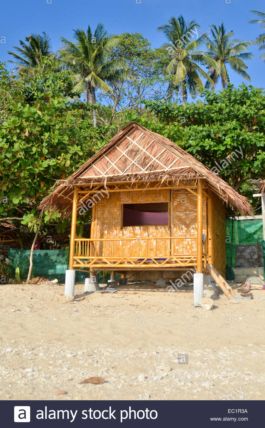 Bamboo Beach Hut On Stilts With Palm Trees In Background Koh
