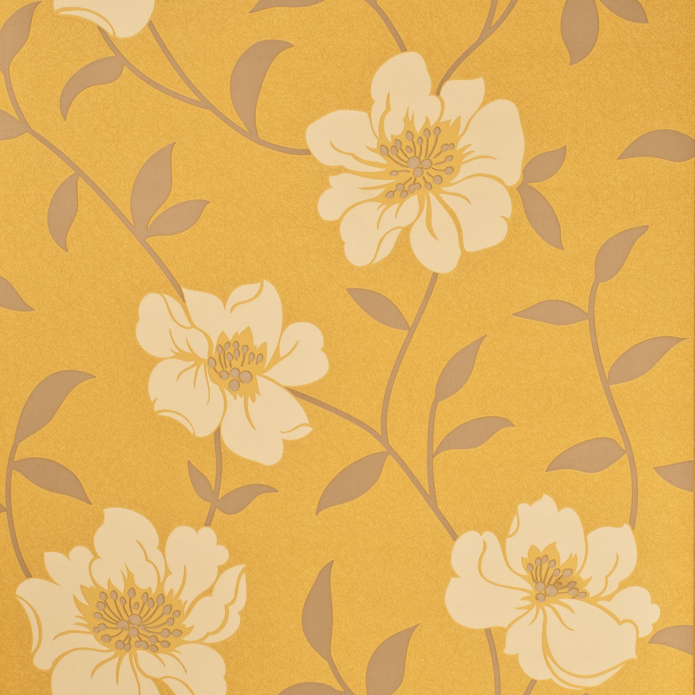 Fresco Floral Patterned Wallpaper Mustard Yellow Grey Lucie