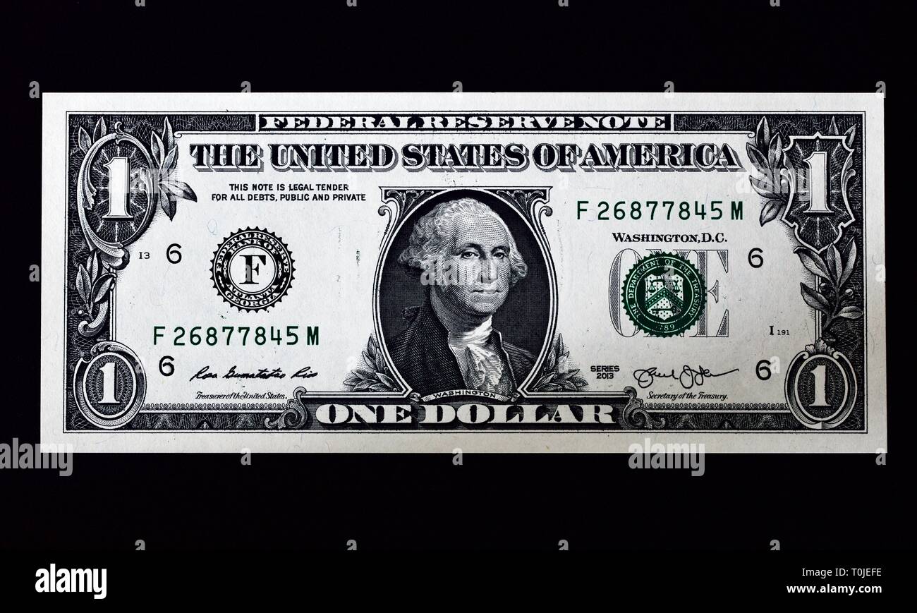 United States One Dollar Bill Isolated On Black Background Stock