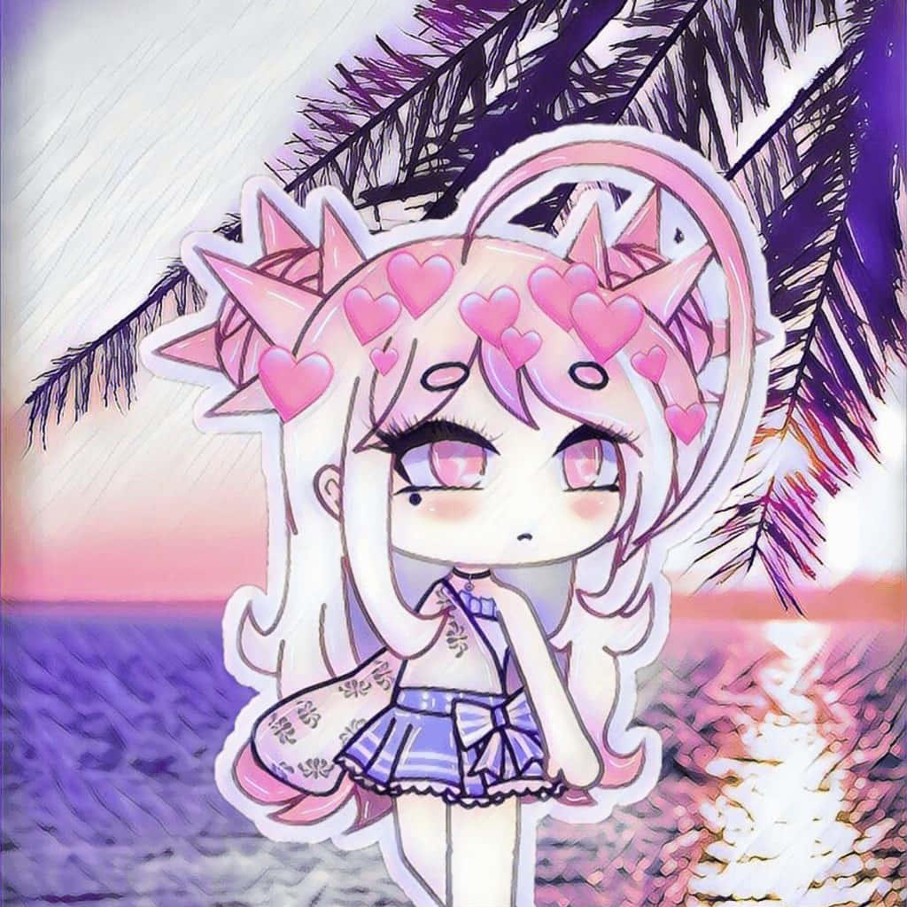 Download A Girl With Pink Hair And A Palm Tree Wallpaper