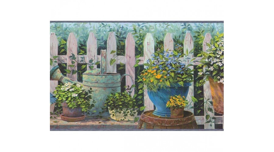 Home Blue and Green Floral Pots Wallpaper Border