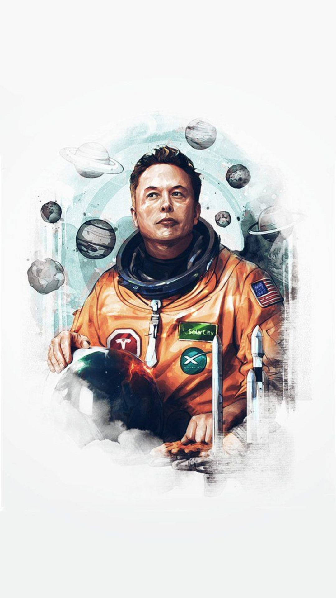 Artistic rendering of Elon Musk as an astronaut, surrounded by planets and rockets, symbolizing his space exploration ambitions