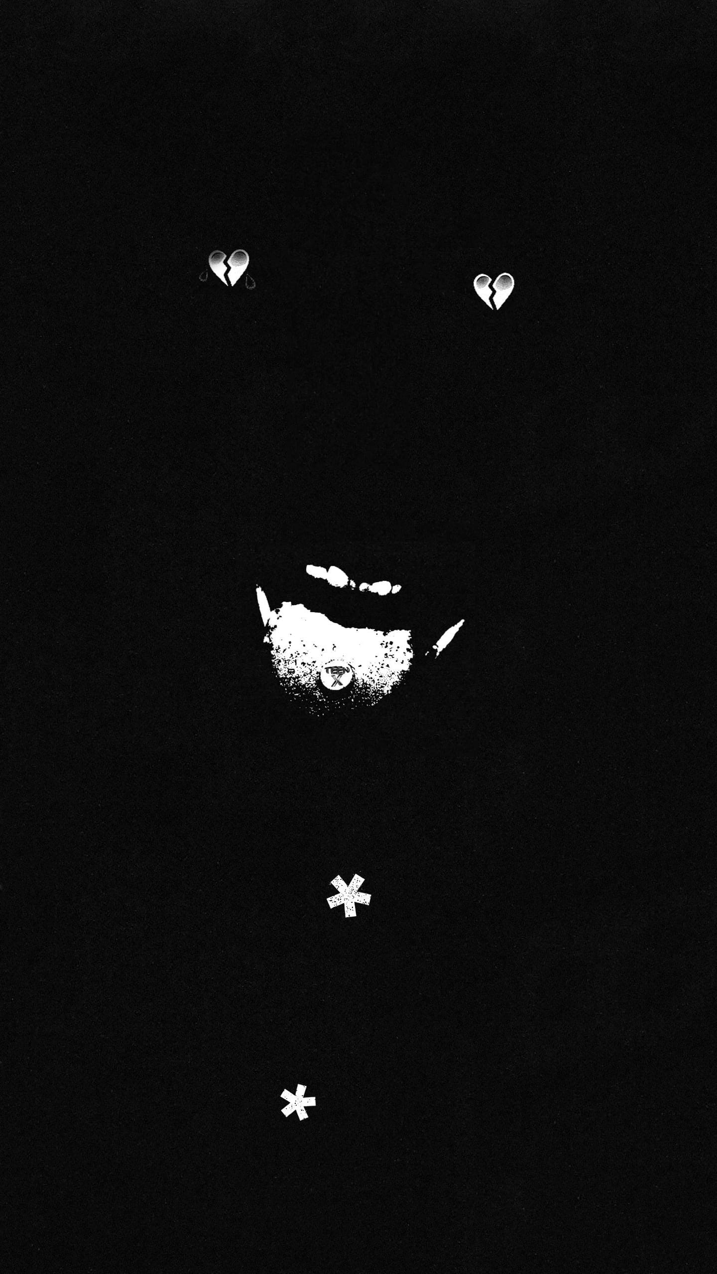 Abstract black and white image with broken hearts, a mouth, and asterisks