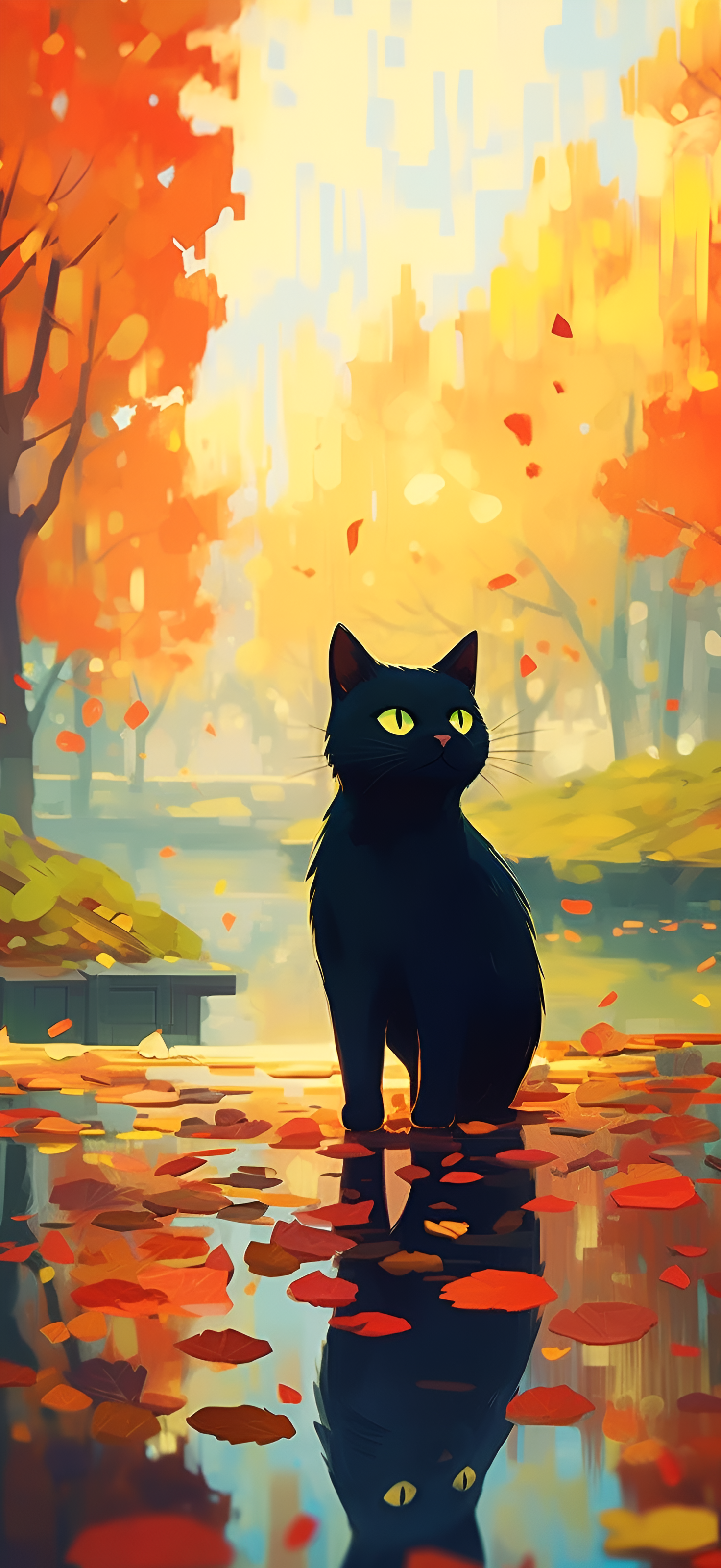 Black Cat Standing In Puddle Park During Autumn Aesthetic