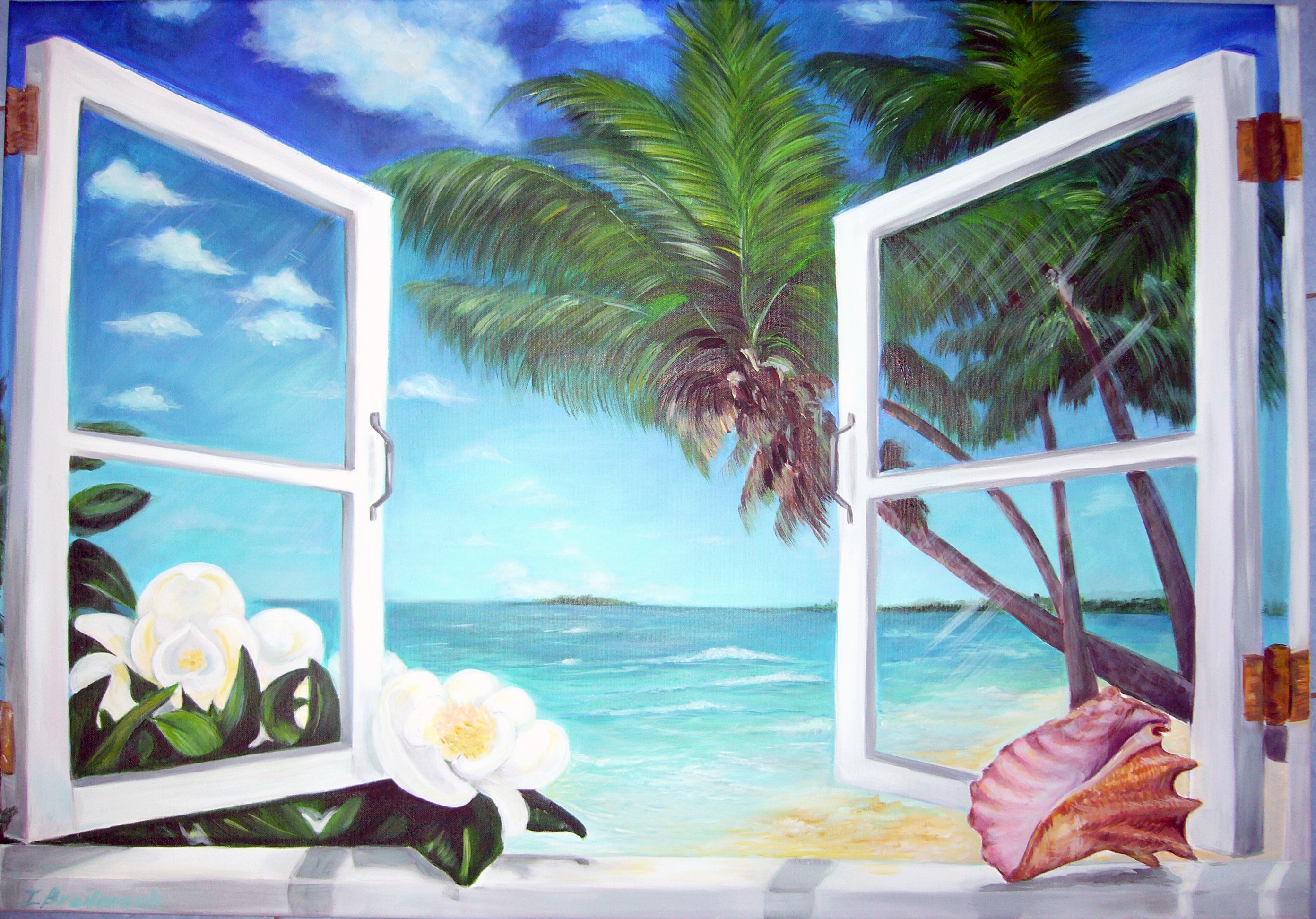 HD Flowers Window Beach Wallpaper