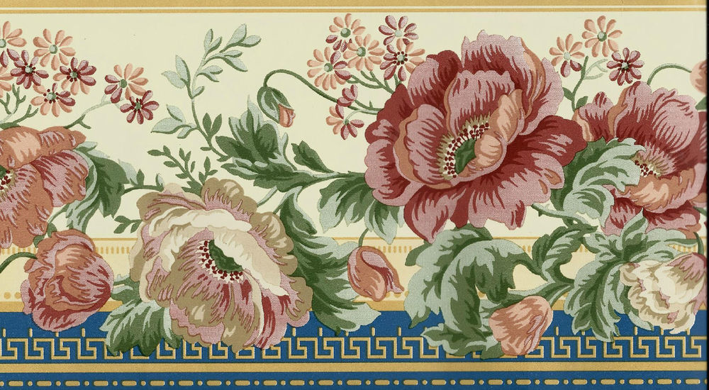 Waverly Victorian Red Floral On Yellow And Blue Wallpaper Border