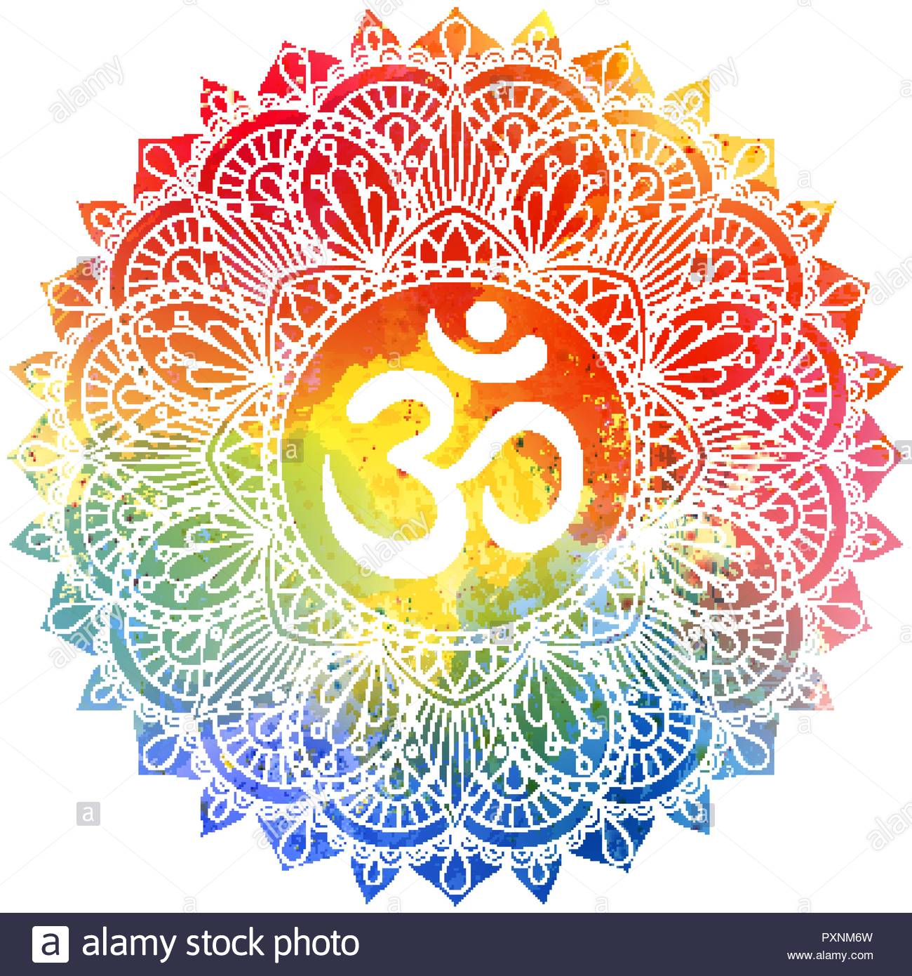 Mandala Ornament With Om Symbol Over Colorful Watercolor