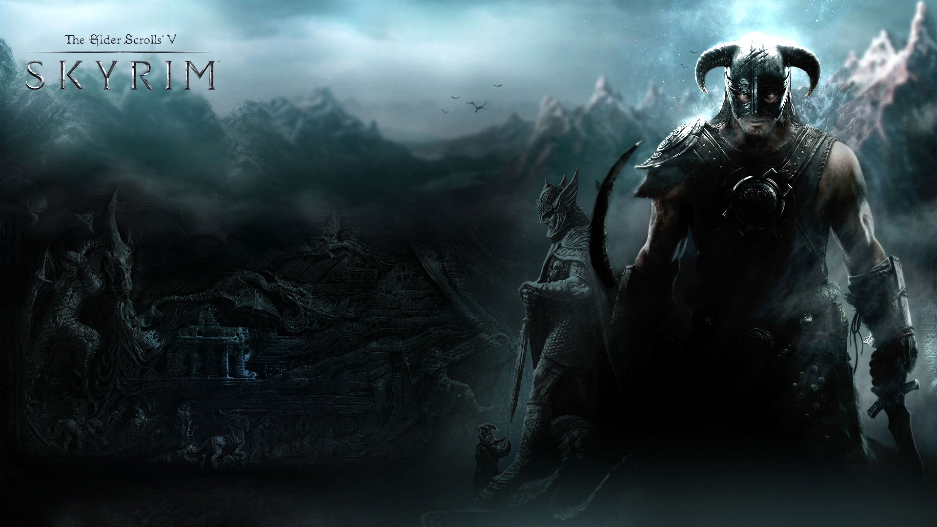 Skyrim Warrior Mountains Dragon Helmet Wallpaper Background 4k