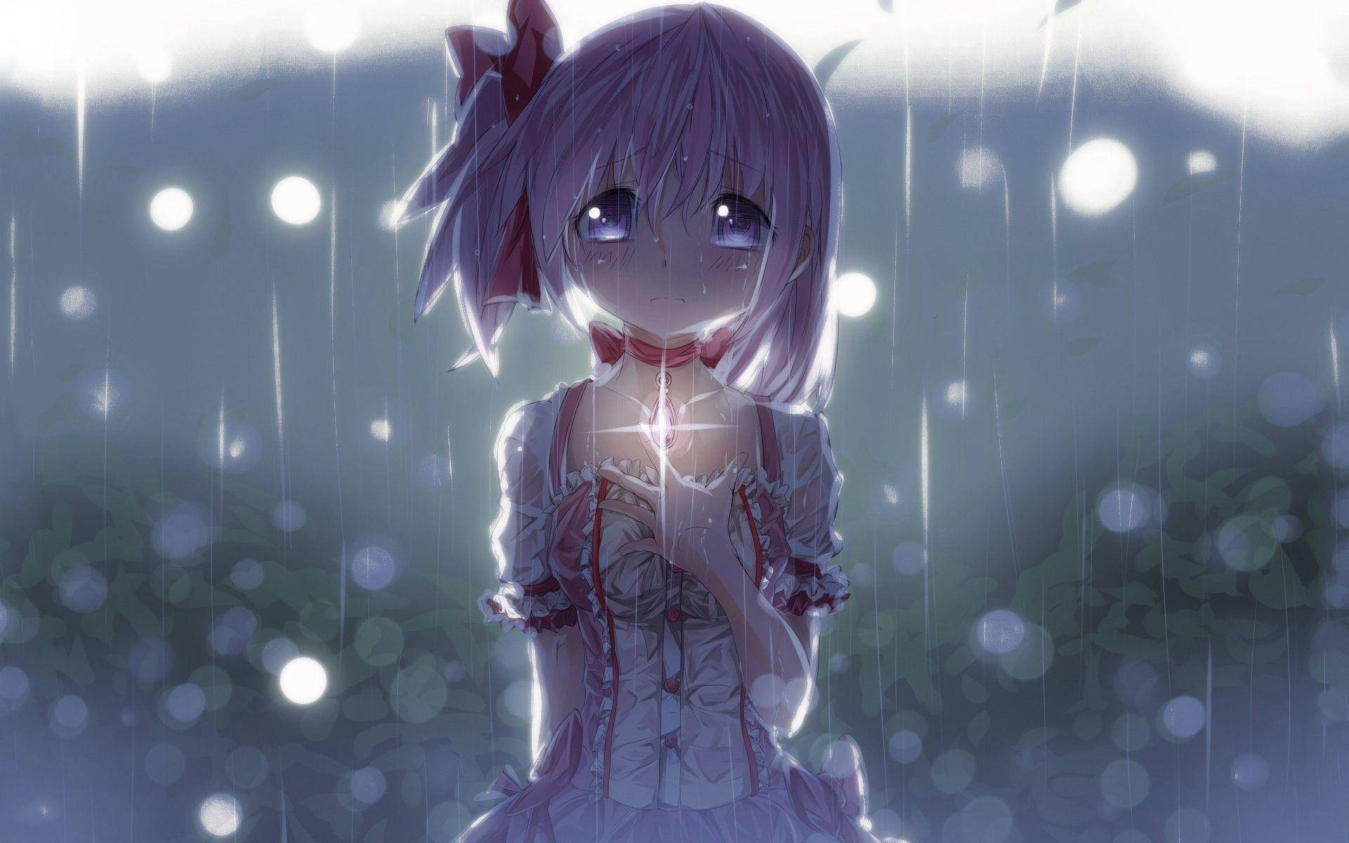 Anime Girl Sad Alone Magical Under Rain Wallpaper
