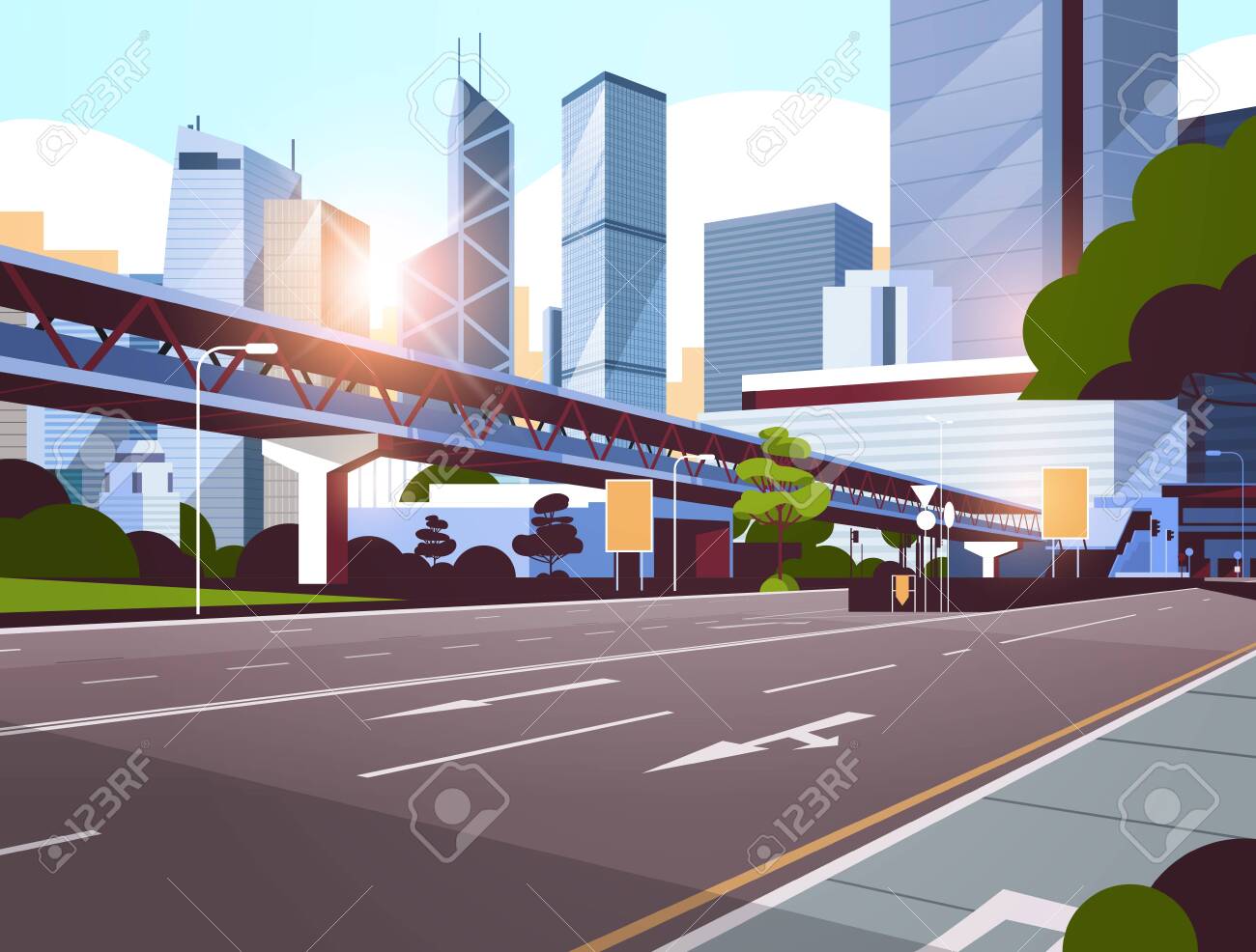 Highway Road To City Skyline With Modern Skyscrapers And Subway