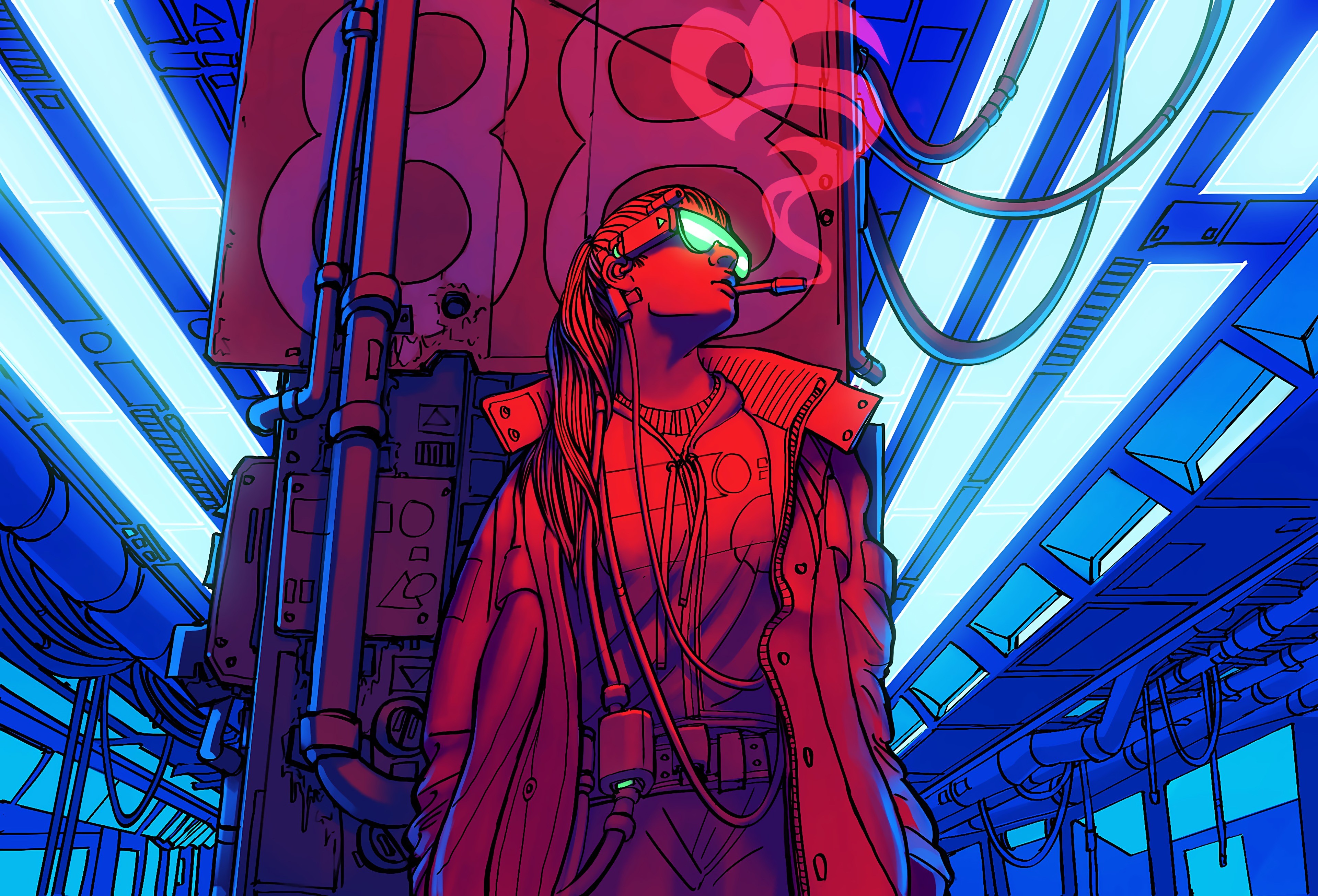 Cyberpunk woman smoking in a futuristic, neon-lit alley, with intricate technological details and a gritty atmosphere