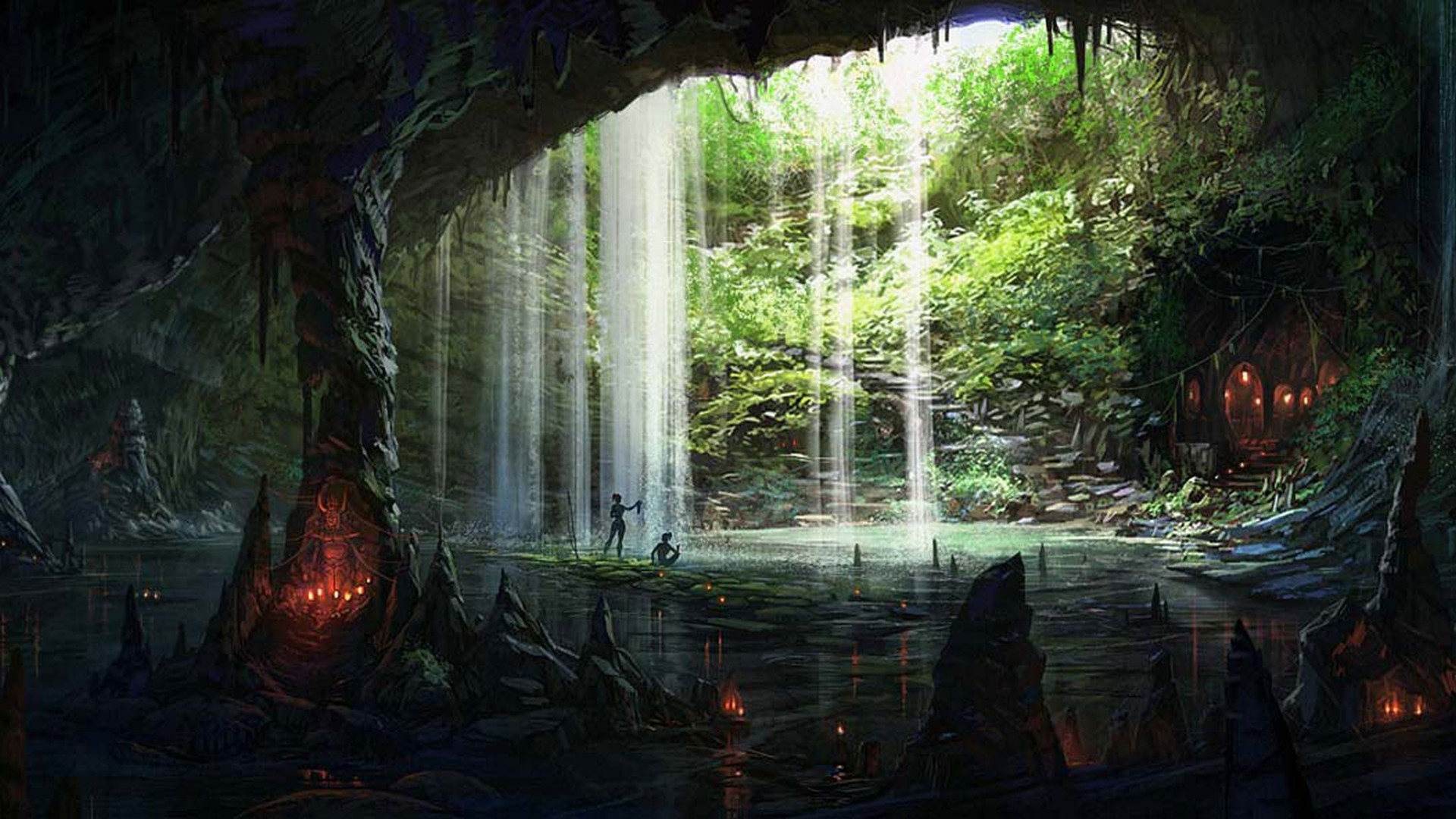A mystical cave with a waterfall and glowing candles, perfect for a cave wallpaper