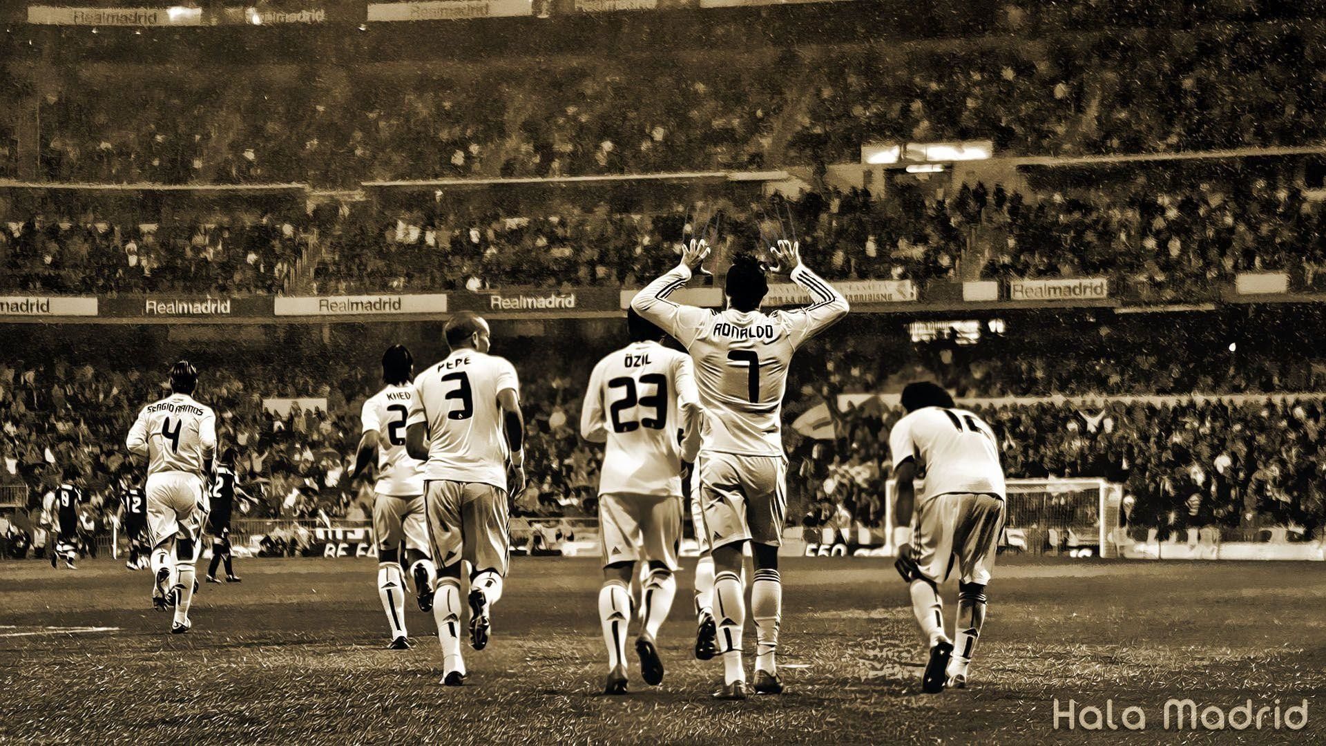 Cristiano Ronaldo celebrates a goal for Real Madrid at the Santiago Bernabéu Stadium. Black and white image with sepia tone
