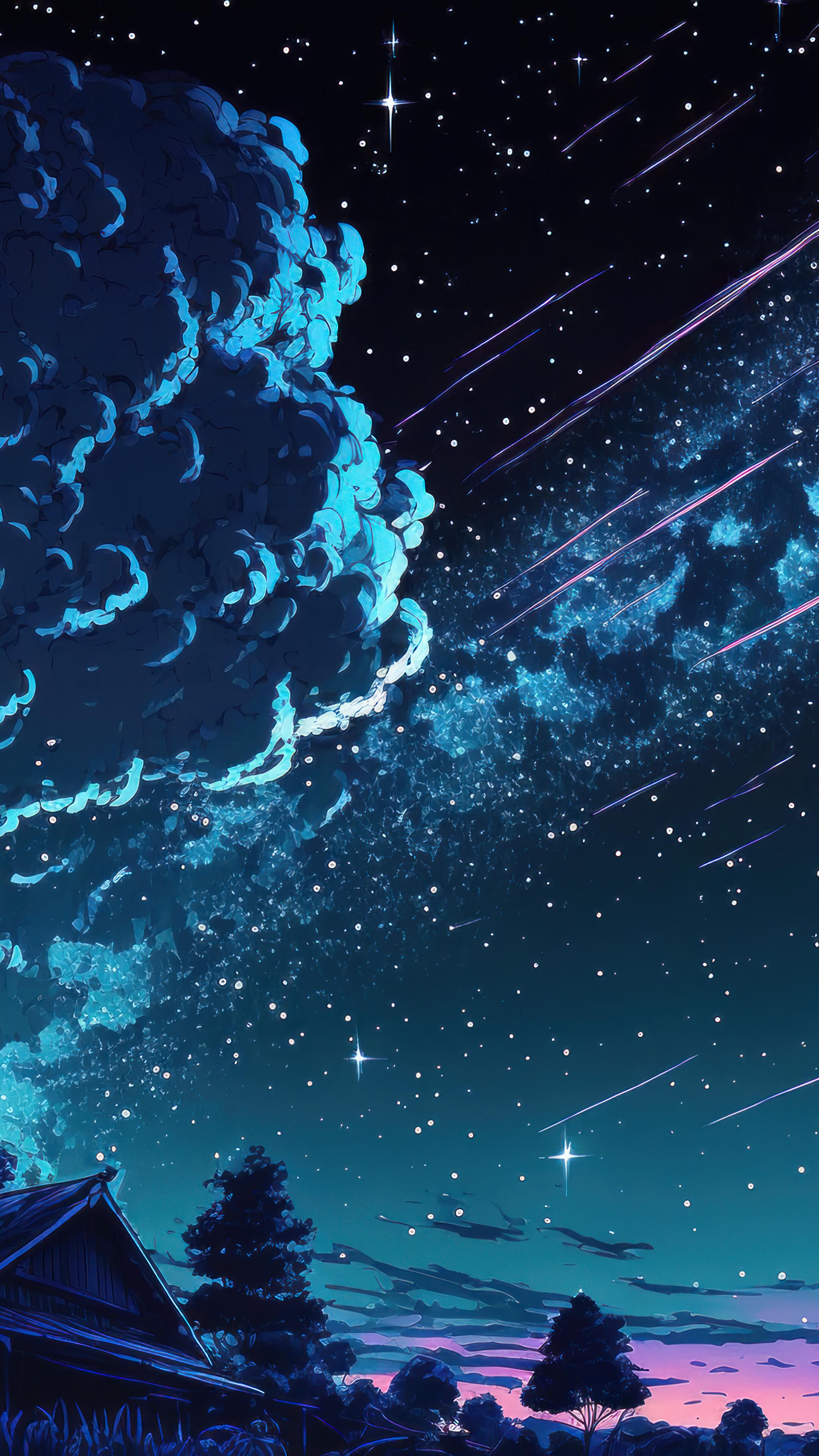 Anime Night Stars Sky Clouds Scenery 4K Wallpaper iPhone HD Phone