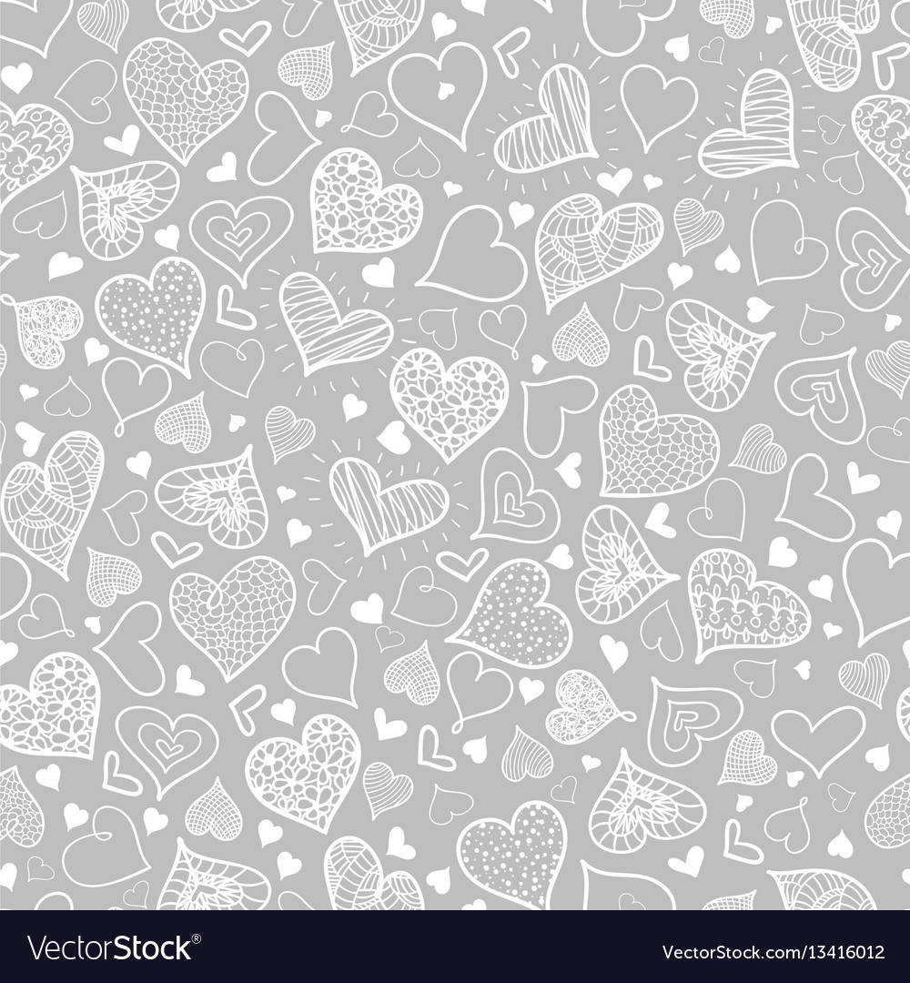 Silver Grey Doodle Hearts Seamless Pattern Vector Image