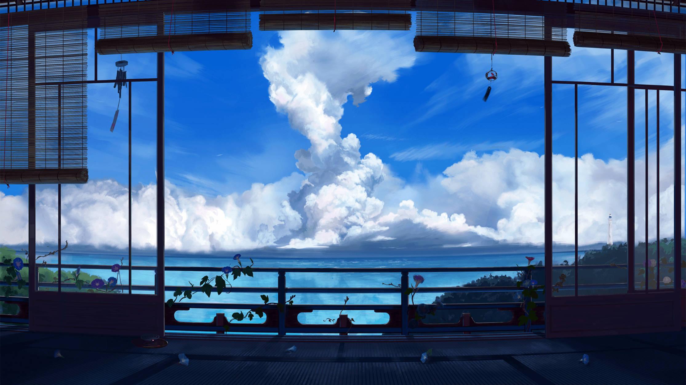 Lo Fi Anime Ocean And Blue Sky Wallpaper