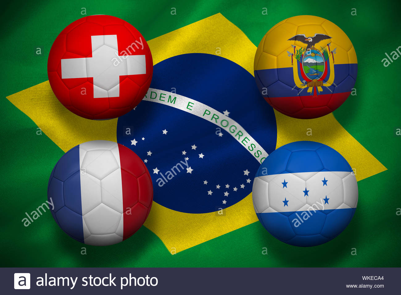 Group E World Cup Footballs On Brasil Flag Background Stock Photo