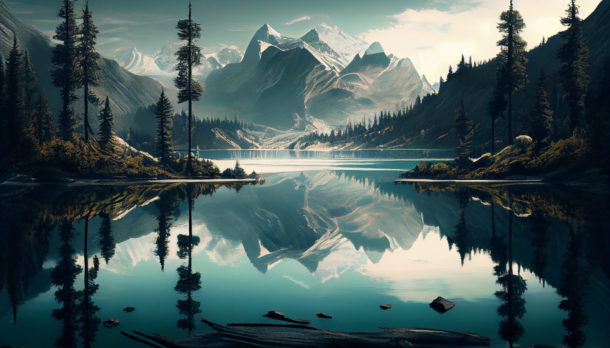 Serene 4K PC wallpaper featuring a pristine lake reflecting majestic snow-capped mountains and a tranquil forest
