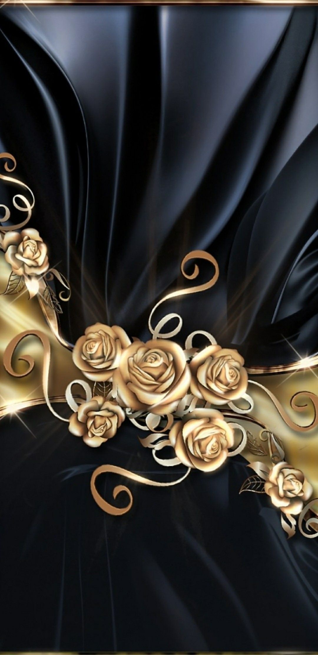 Elegant black and gold phone wallpaper with golden roses and swirls on a dark, silky background