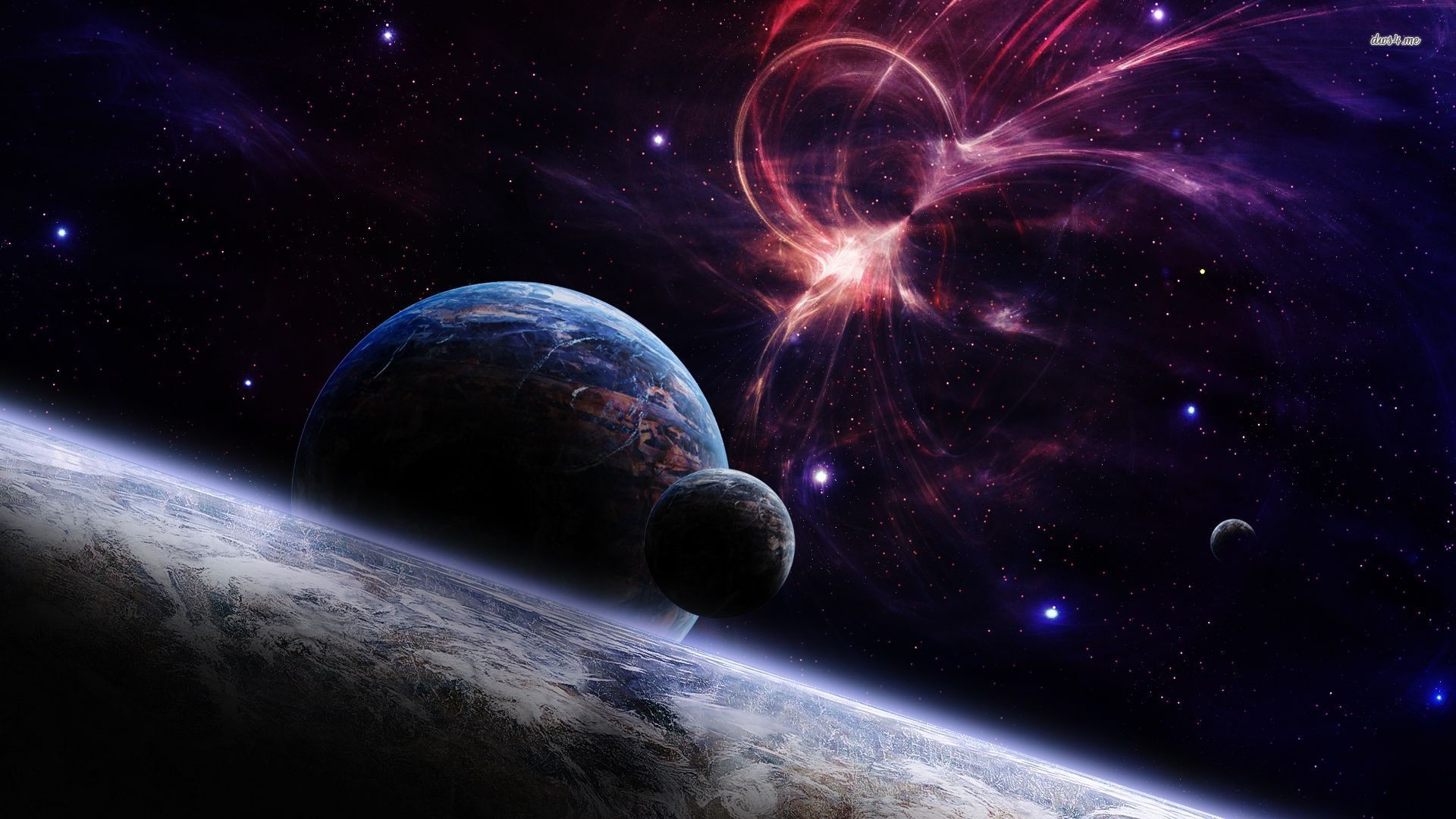 A breathtaking view of outer space with a large, partially illuminated planet, a smaller, dark planet or moon, and a distant, swirling nebula in vibrant hues of pink and purple