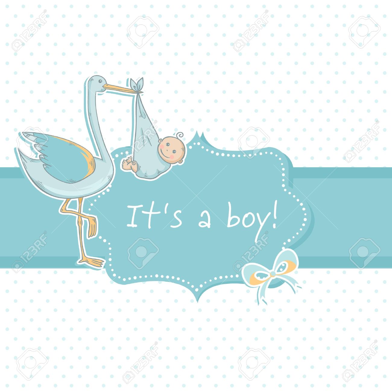 Cute Baby Boy Announcement Card With Stork And Child On Polka 1300x1300