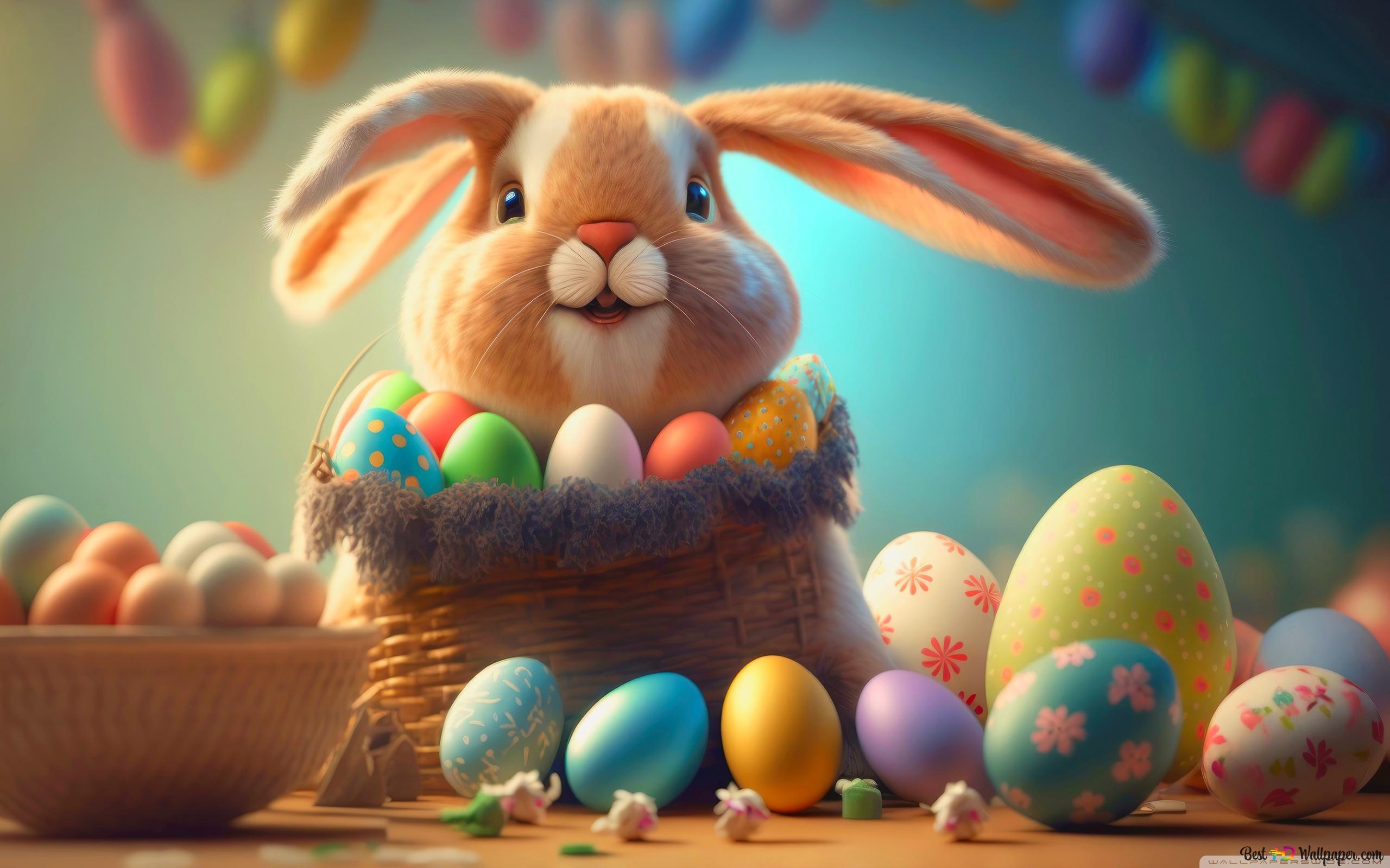 Cute Bunny And Colored Eggs Easter 2k Wallpaper
