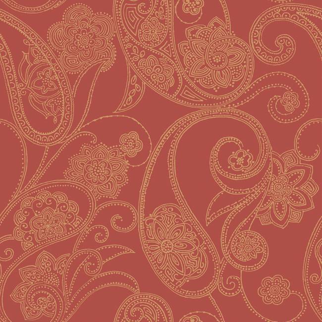 Wallpaper Candice Olson Metallic Dotted Gold Paisley On Red Background