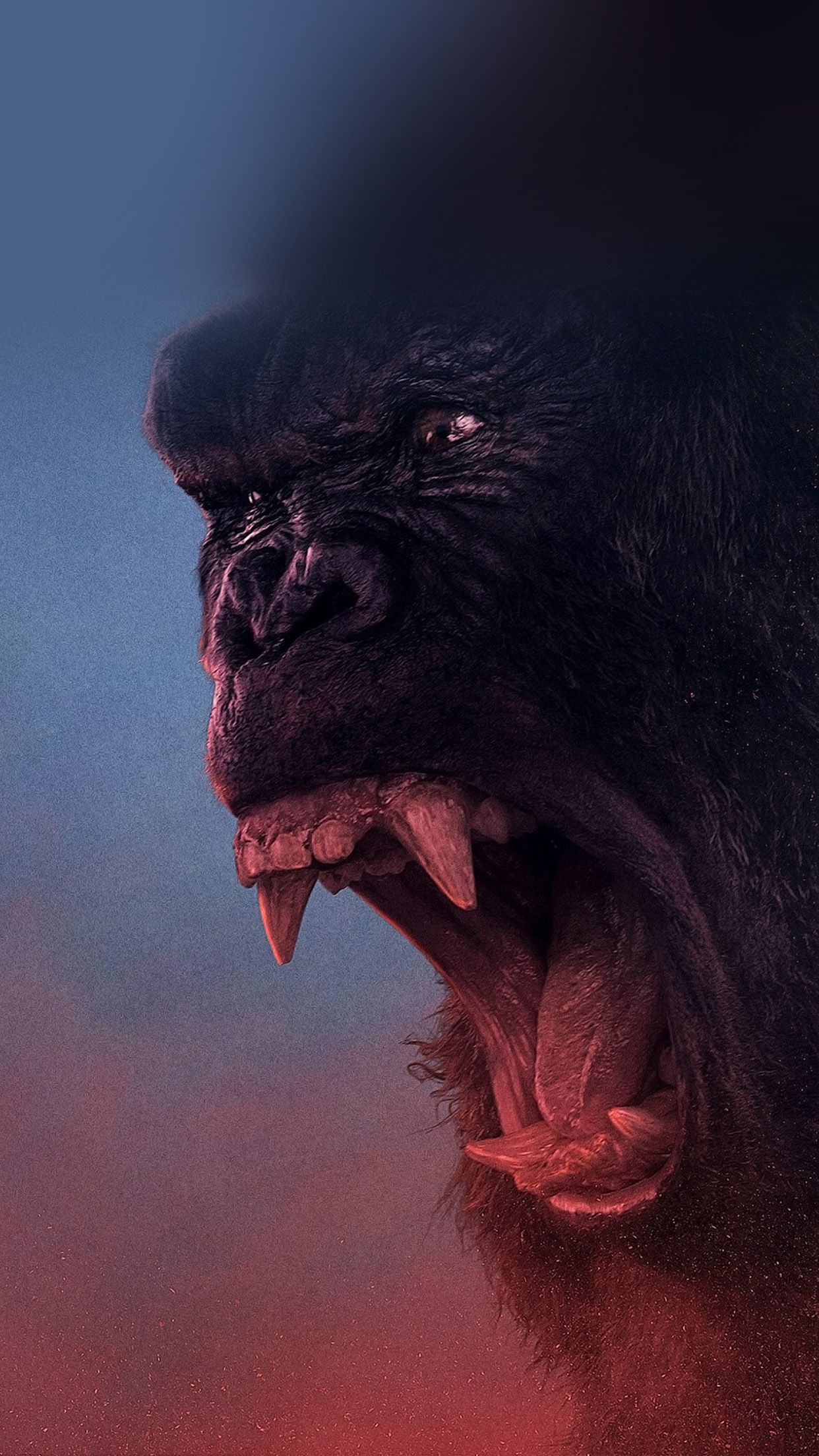 Close-up of a gorilla roaring against a reddish backdrop, possibly from a movie poster or promotional material. This powerful image embodies the primal energy and strength of the gorilla