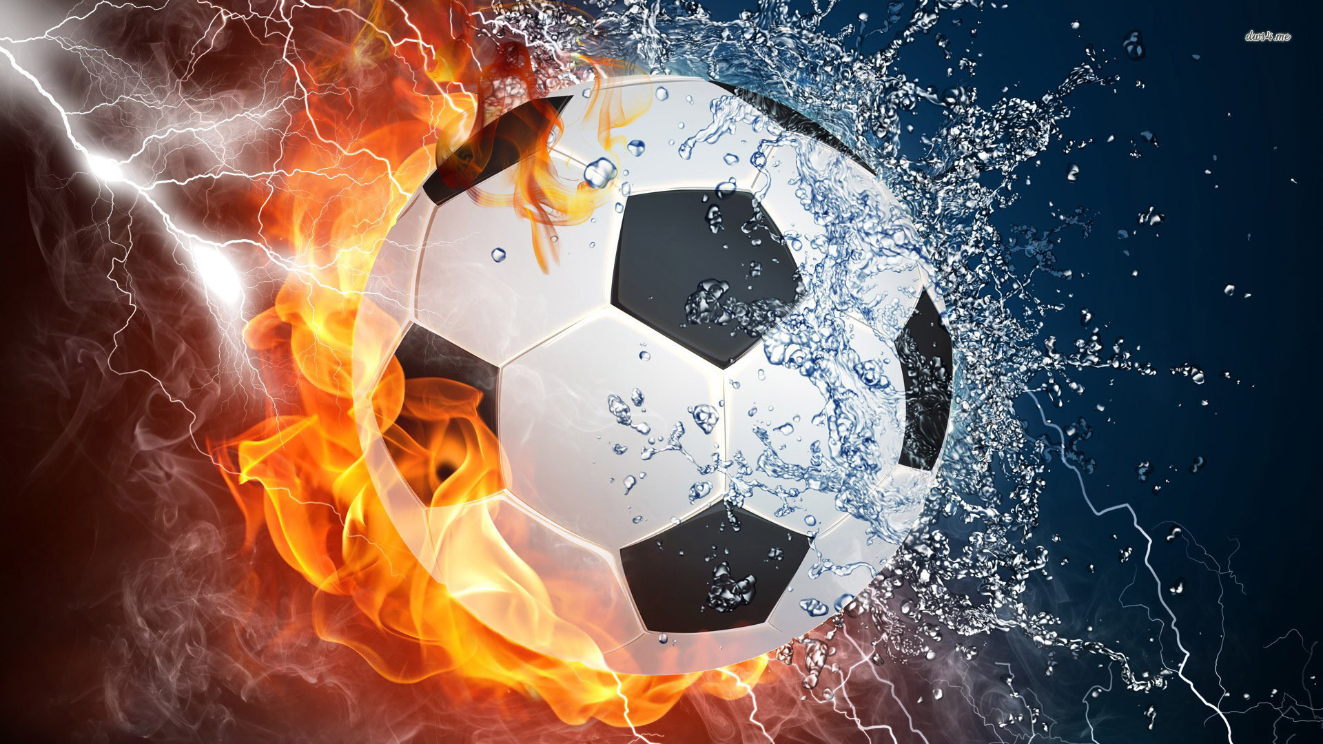 A soccer ball engulfed in flames and water splashes, with lightning strikes in the background, symbolizing the intensity and passion of the sport