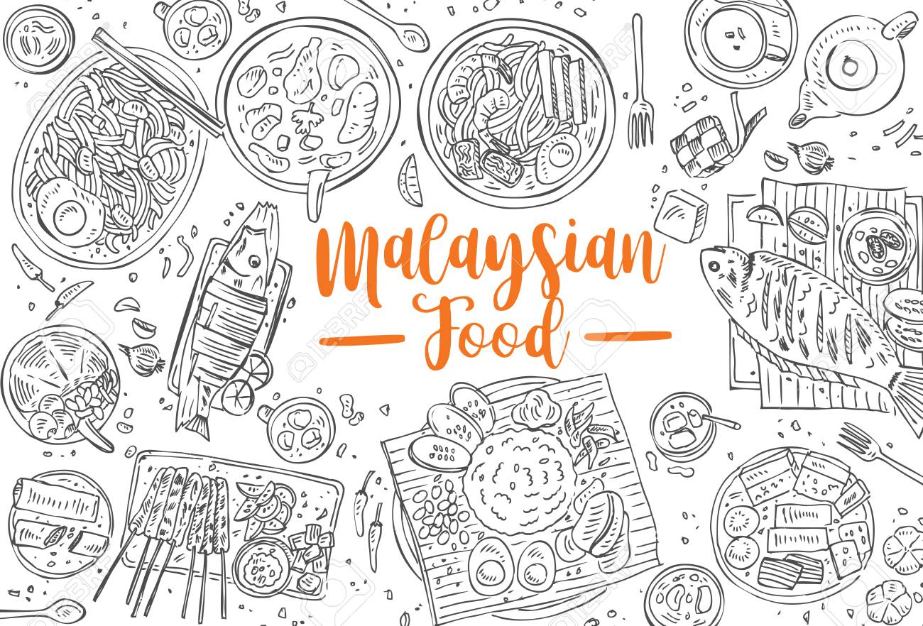 Hand Drawn Malaysian Food Top Asian Background Vector
